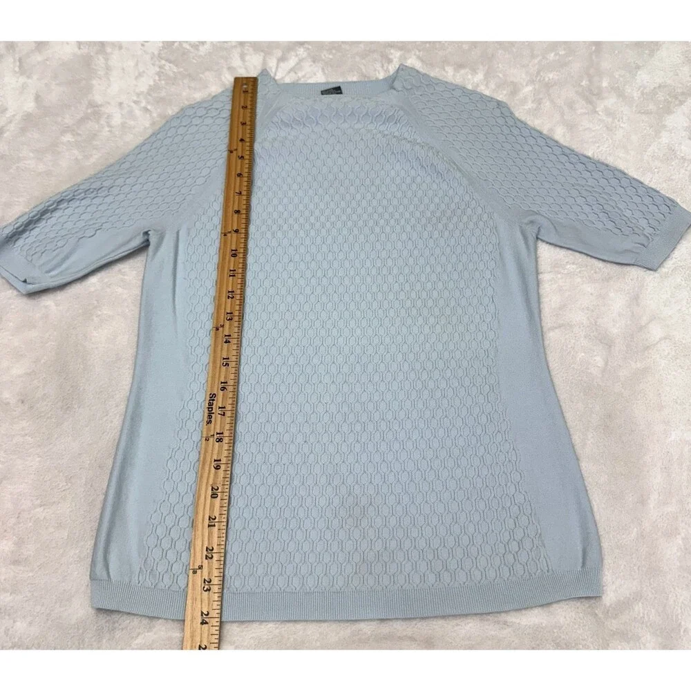 Per Se Women Light Blue Cotton Blend Textured Knit Short Sleeve Sweater Top Sz M